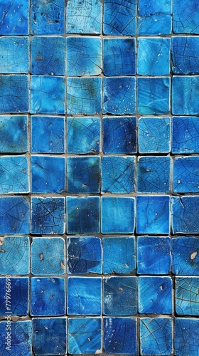 A grid of cracked, weathered ceramic tiles in a range of vibrant blue hues, forming an abstract and textural background with a vintage aesthetic.