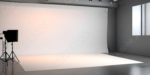 A room with a white backdrop is shown with a camera mounted on a tripod, ready for photography or videography