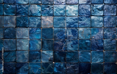 An intricate tapestry of fractured and crackled glass tiles in deep shades of blue, showcasing the natural beauty and organic quality of the material.