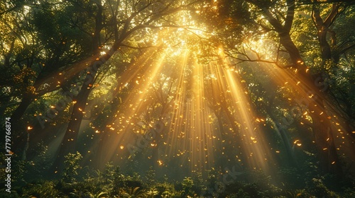 A hyper realistic canopy of an enchanted forest where light filters through leaves of gold