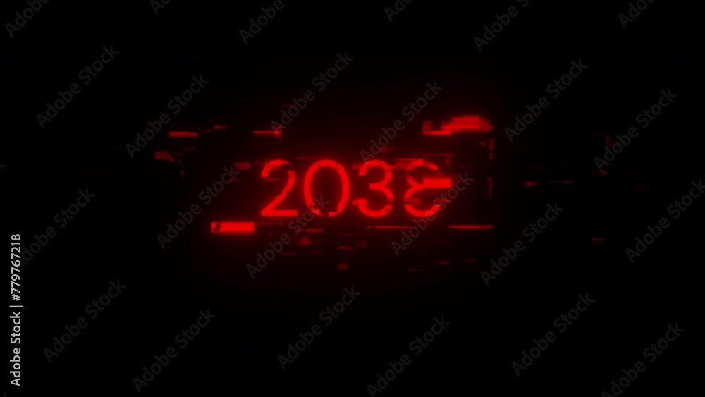 2038 text with screen effects of technological failures. Spectacular screen glitch with various kinds of interference. Looped 2038 text with screen effects of technological failures. Spectacular screen glitch with various kinds of interference. Looped
