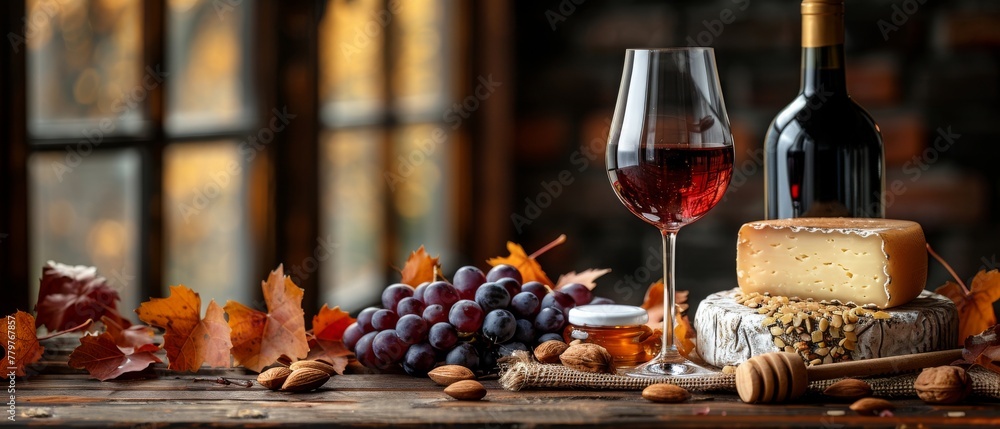 There is a red wine with cheese, honey, almonds and grapes on sackcloth with a wooden wall behind it.