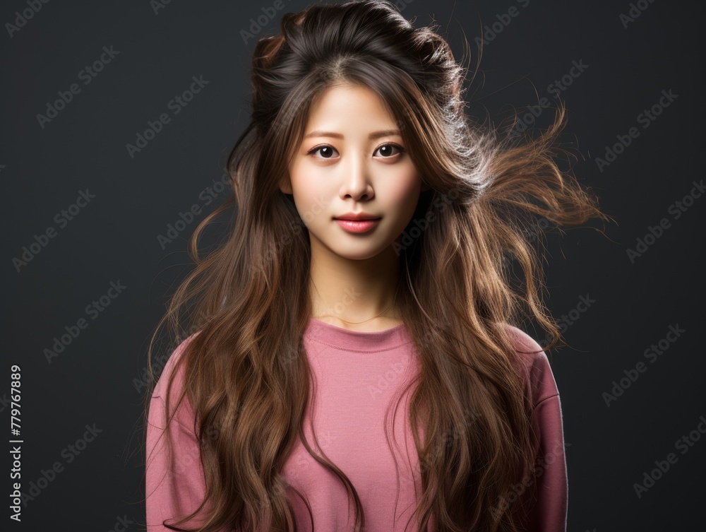 Fototapeta premium Woman With Long Hair Standing in Front of Black Background