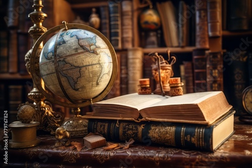 Old geographical globe and map and old books in cabinet. Science, education, travel background. History and geography team.