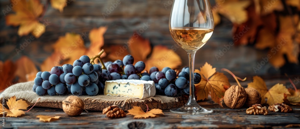 A wooden wall surrounded by autumn leaves and sackcloth with a glass of white wine, blue, camembert and Swiss cheese.