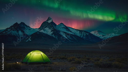 Aurora Wonderland: Illuminated Tent Beneath Green Lights
