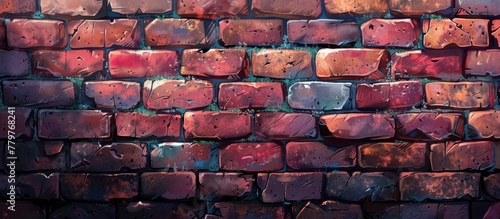 A detailed closeup of a brick wall showcasing the intricate pattern of the brickwork. The vibrant hues of magenta and carmine add an artistic touch to the building material