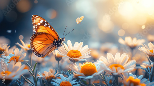 Sunlit Daisy in the Blue beauty of a field with butterflies landscape