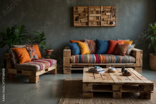 Gemütliches Wohnambiente mit Upcycling-Palettenmöbeln und farbenfrohen Kissen in einem stilvollen Wohnraum photo