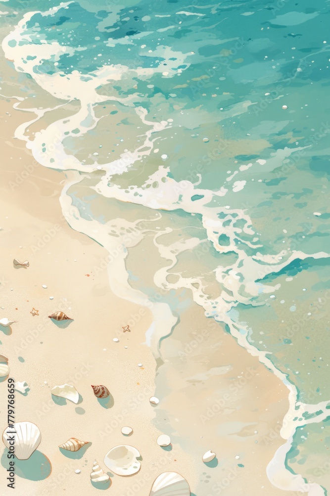 Beach Vacation Illustration: Serene Seascape with Waves and Seashells