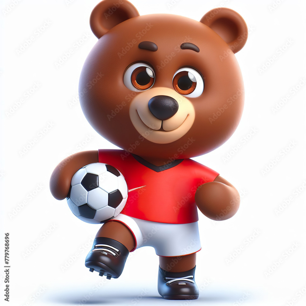 Naklejka premium Cute character 3D image of a brown bear football clothes playing a football, funny, happy, smile, white background