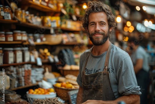 A charismatic male vendor with a casual style stands proudly within the charming setting of a local market photo