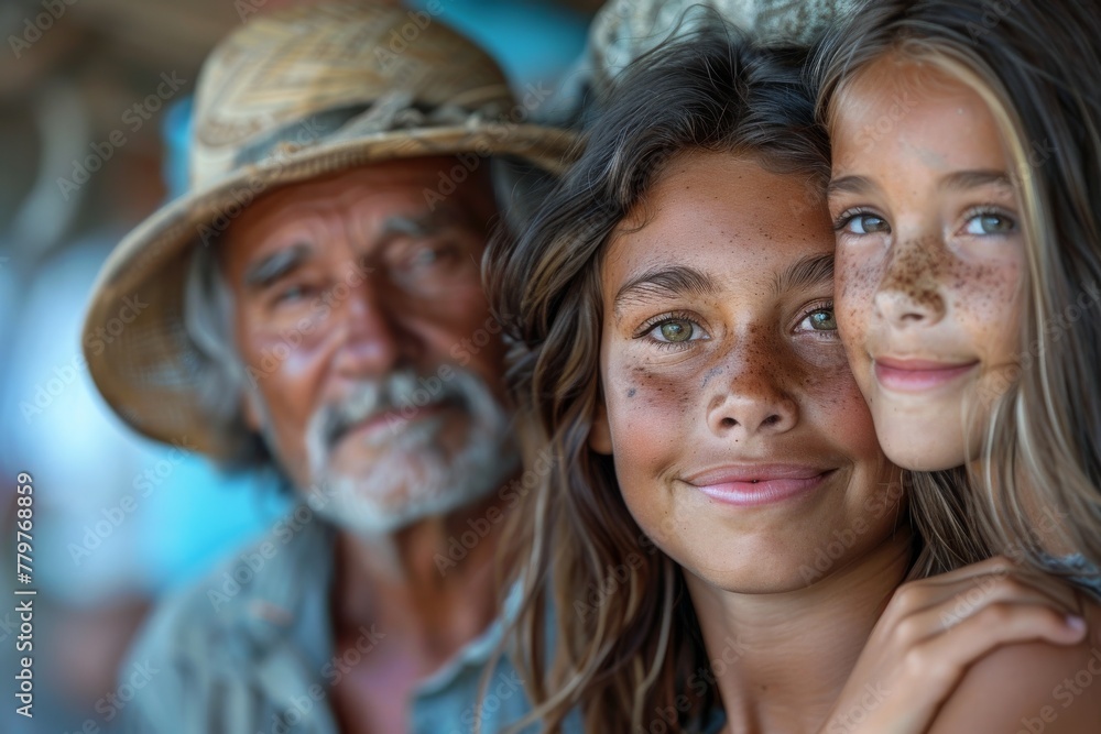 An elder man with a hat poses with two younger girls with sun-kissed freckles
