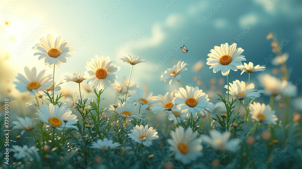Sunlit Daisy in the Blue beauty of a field with butterflies landscape