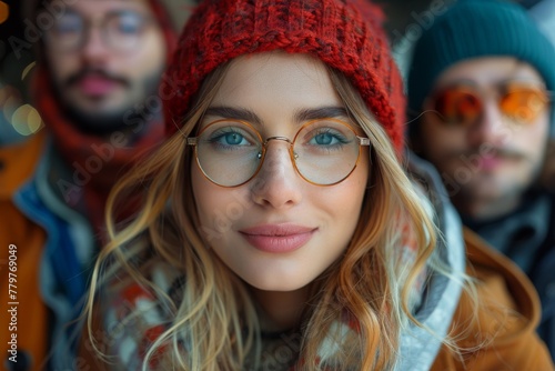 Cheerful young woman in a knitted hat and glasses smiling brightly in the cold