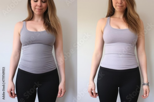 Two profile photos of a woman in the process of losing weight and reducing belly fat. The result of diet and training. Losing excess weight.