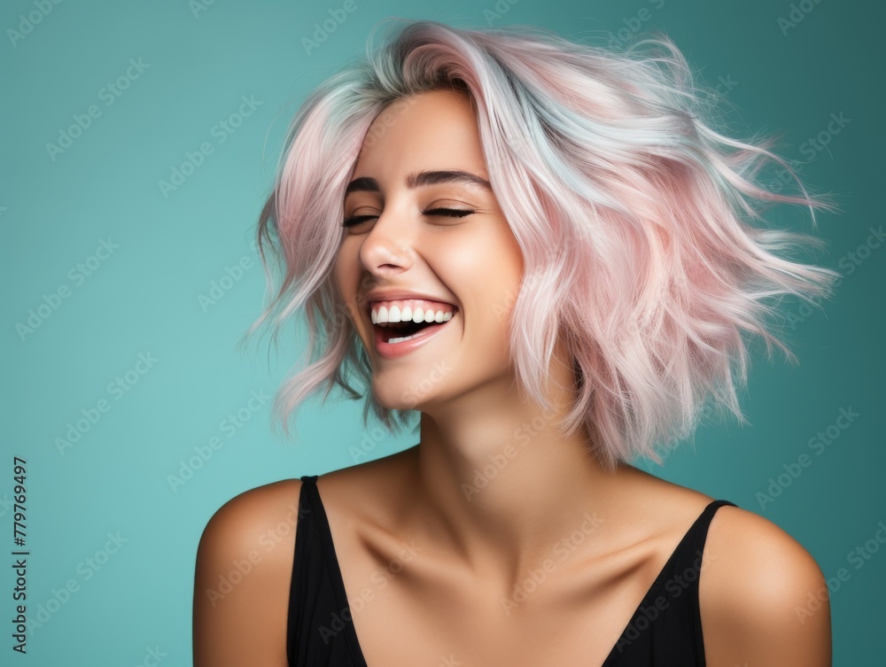 Smiling Woman With Pink Hair in Black Top Smiling Woman With Pink Hair in Black Top