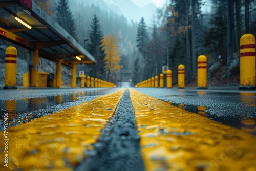 A moody and atmospheric shot of a deserted bus stop with vibrant yellow lines leading the eye