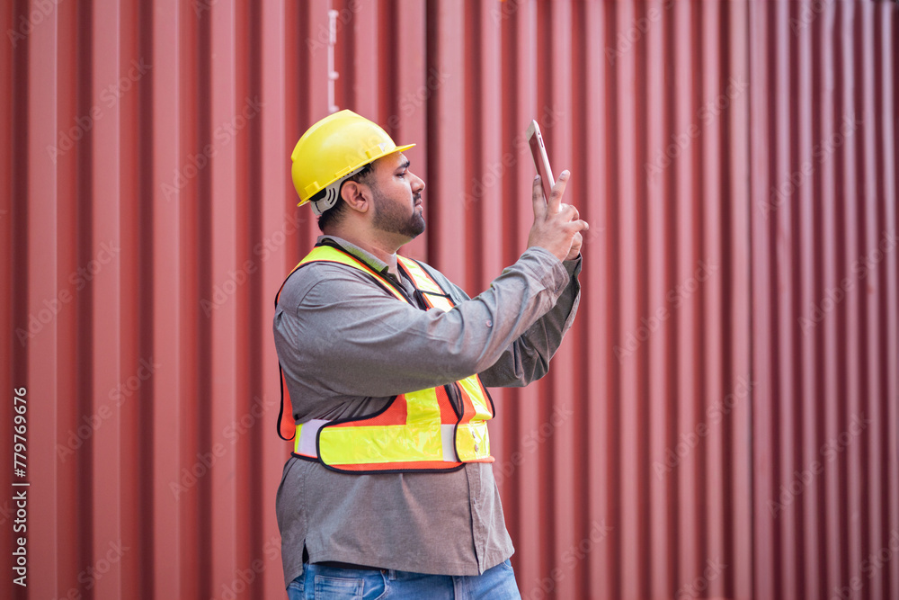 Portrait of an engineer checking products at an industrial container yard. Portrait of an engineer checking products at an industrial container yard.
