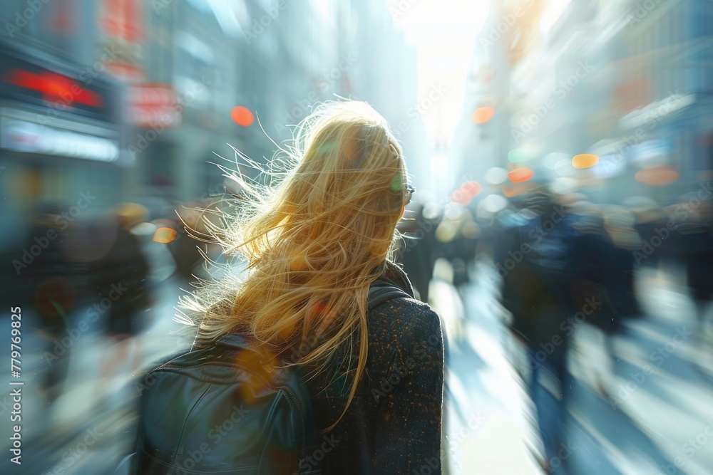 Captive image of a woman with flowing hair walking briskly through a bright, bustling city street scene Captive image of a woman with flowing hair walking briskly through a bright, bustling city street scene