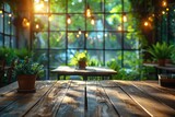 A warm and inviting café setting with wooden tables and hanging lights among green plants