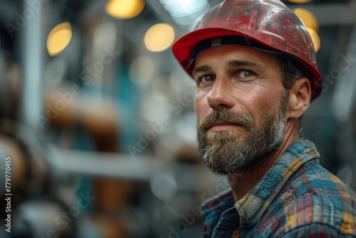 A rugged industrial worker wearing a red hard hat poses confidently in a factory setting © Larisa AI