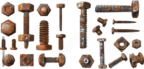 Realistic old rusty screw and bolt heads top view photo