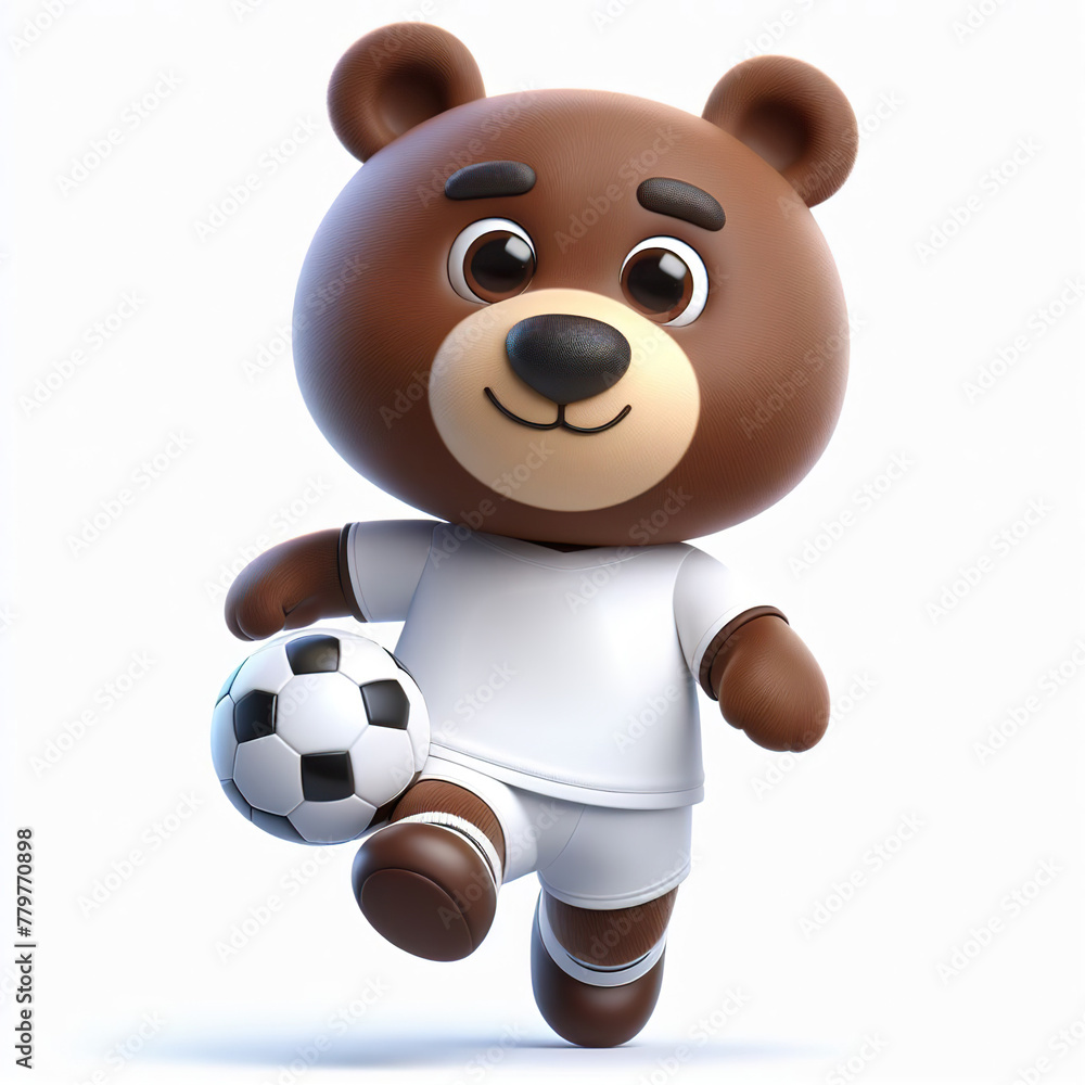 Obraz premium Cute character 3D image of a brown bear football clothes playing a football, funny, happy, smile, white background