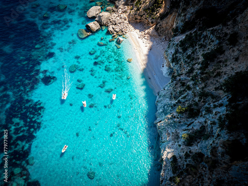 A drone view of Cala Goloritze, an azure beach located in the town of Baunei, in the southern part of the Gulf of Orosei, in the Ogliastra region of Sardinia.
