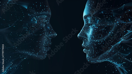Rete 3d che forma un volto umano in un poster digitale ad alta fedeltà, che rappresenta una tecnologia ai avanzata, sfondo nero photo