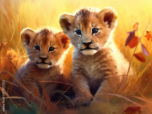 Two lion cubs. Digital art.