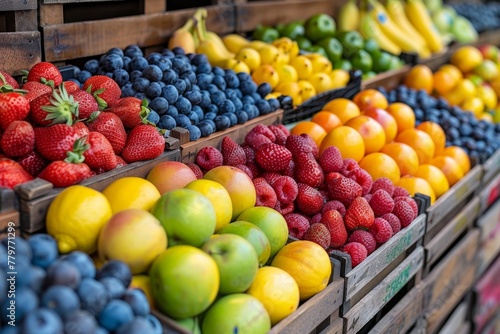 Vibrant display of assorted fresh fruits and berries neatly arranged in wooden crates at a market