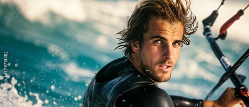 close sport photo of a 25-year-old kitesurfer with medium length, dark hair, riding on large ocean waves