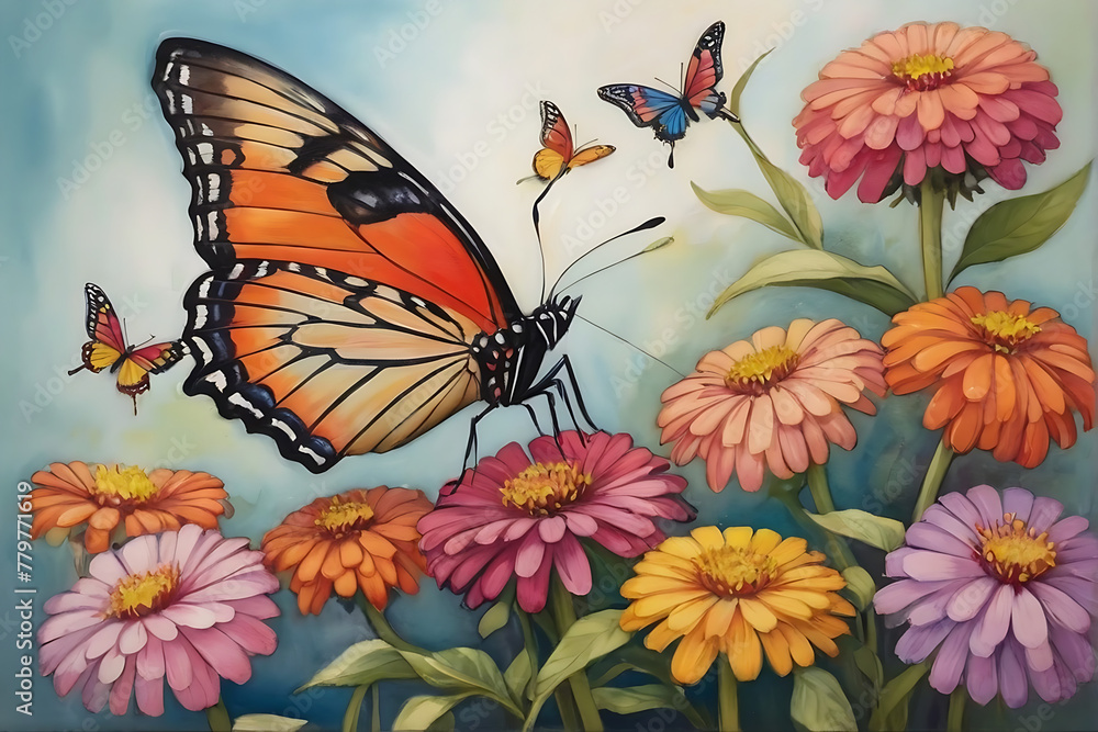 Beautiful colorful flowers and nectar drinking butterfly Beautiful colorful flowers and nectar drinking butterfly