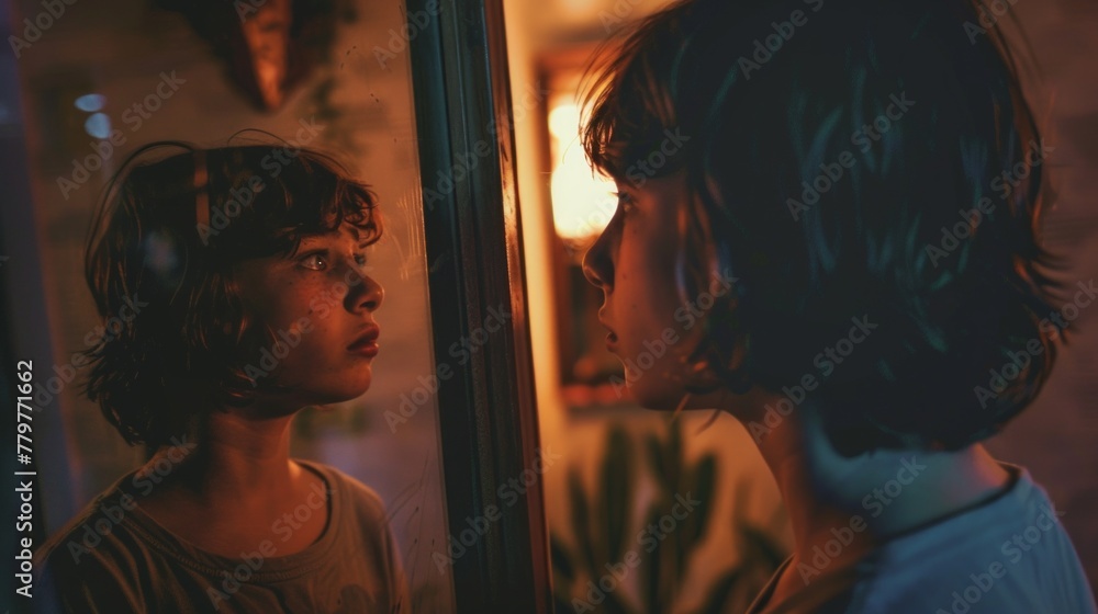 Young Person Confronting Past in Mirror Reflection Young Person Confronting Past in Mirror Reflection