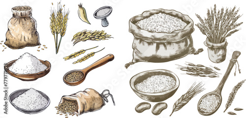 Whole basmati grain in bag, scoop and spoon. Rice porridge bowl