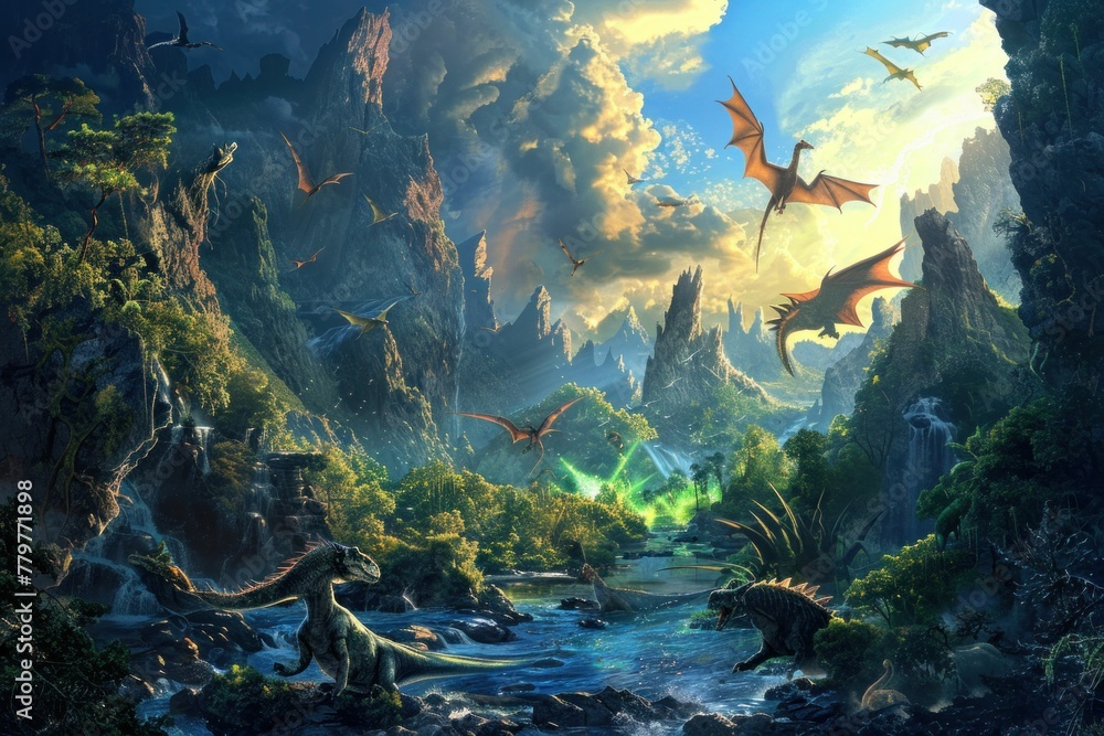 Obraz premium Fantasy landscape with flying dinosaurs and flowing water in the sky