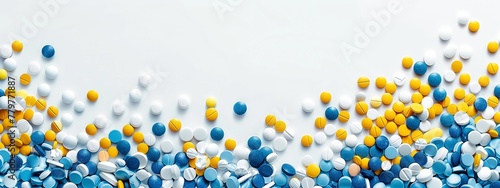 A banner with blue, yellow and white tablets on a white background with copy space. Horizontal photo with pills medicine concept.