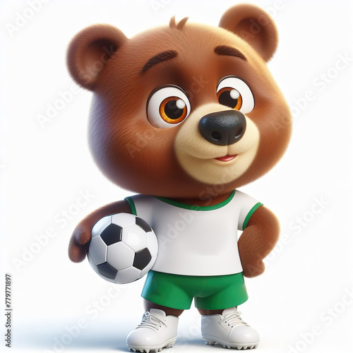 Cute character 3D image of a  brown bear  football clothes playing a football  funny  happy  smile  white background