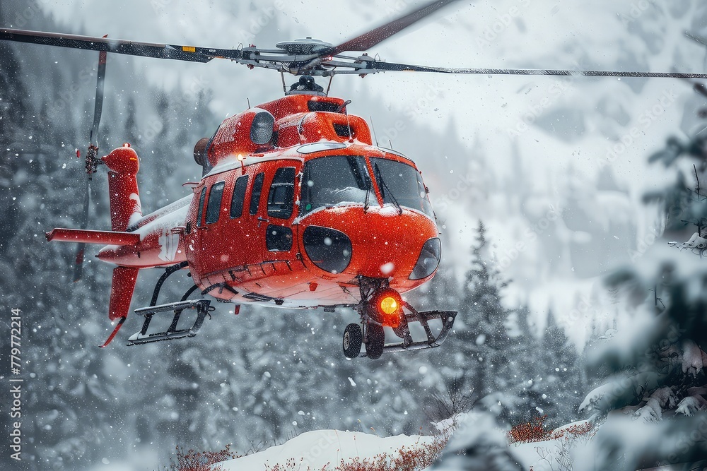 A red rescue helicopter during search and rescue work in the mountains. A helicopter searching for people in mountain forests. Forest search from above. A red rescue helicopter during search and rescue work in the mountains. A helicopter searching for people in mountain forests. Forest search from above.