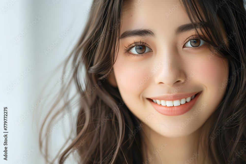 Close up photo portrait of smiling beautiful Japanese woman with long dark hair isolated on white background Close up photo portrait of smiling beautiful Japanese woman with long dark hair isolated on white background