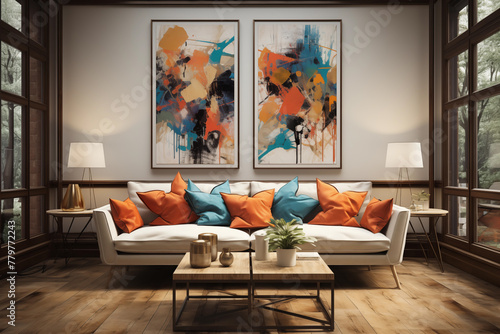 Image depicting a modern living room with large paintings above a leather sofa. Modern and stylish interior design, front image, canvas photo