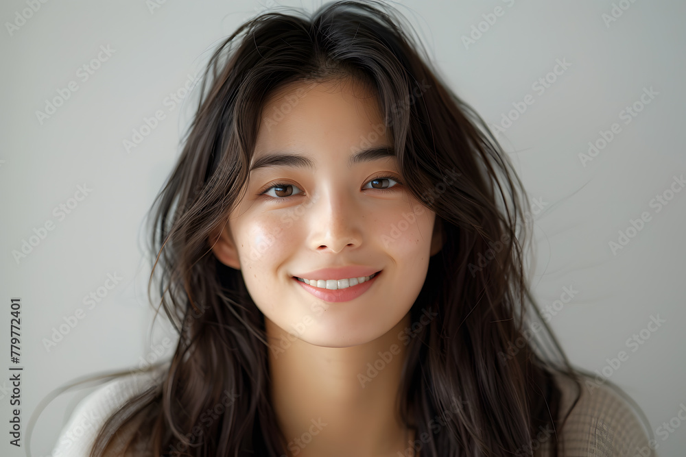 Close up photo portrait of smiling beautiful Japanese woman with long dark hair isolated on white background Close up photo portrait of smiling beautiful Japanese woman with long dark hair isolated on white background