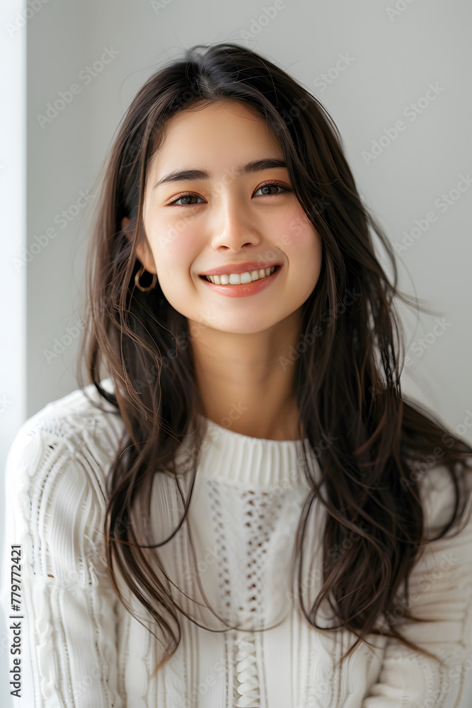 Close up photo portrait of smiling beautiful Japanese woman with long dark hair isolated on white background Close up photo portrait of smiling beautiful Japanese woman with long dark hair isolated on white background