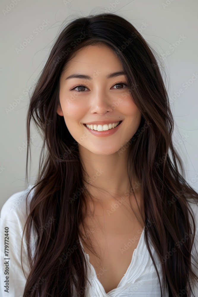 Close up photo portrait of smiling beautiful Japanese woman with long dark hair isolated on white background Close up photo portrait of smiling beautiful Japanese woman with long dark hair isolated on white background