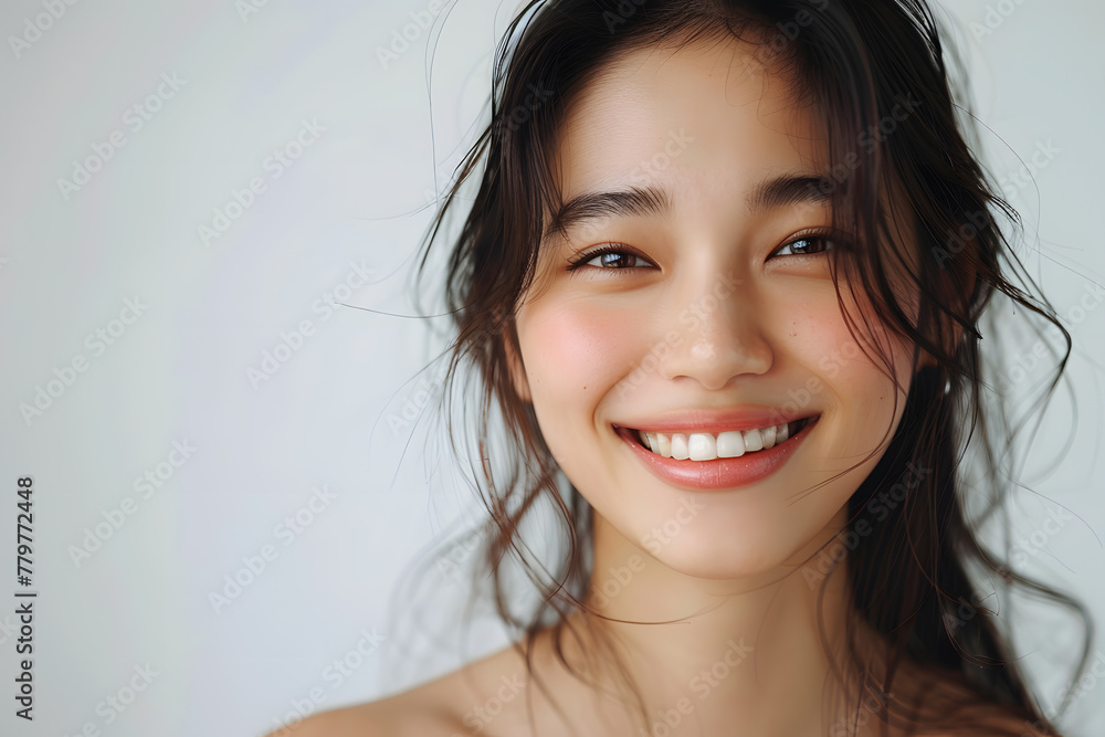 Close up photo portrait of smiling beautiful Japanese woman with long dark hair isolated on white background Close up photo portrait of smiling beautiful Japanese woman with long dark hair isolated on white background