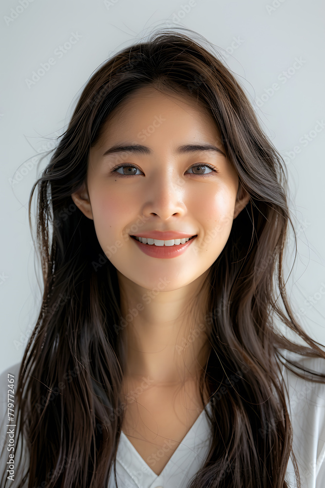 Close up photo portrait of smiling beautiful Japanese woman with long dark hair isolated on white background Close up photo portrait of smiling beautiful Japanese woman with long dark hair isolated on white background