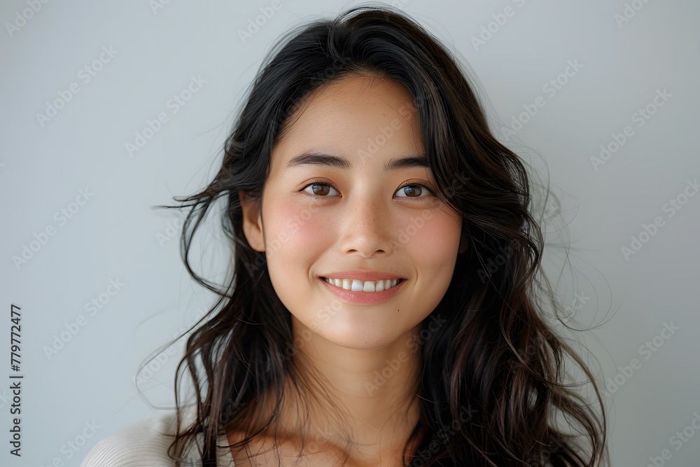 Naklejka premium Close up photo portrait of smiling beautiful Japanese woman with long dark hair isolated on white background