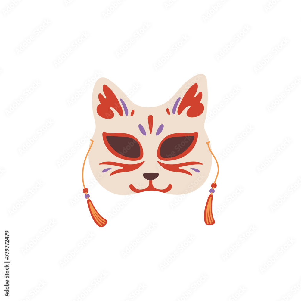 Japanese kitsune fox mask with tassels, vector traditional folk mystical animal face mask with red ornamental painting Japanese kitsune fox mask with tassels, vector traditional folk mystical animal face mask with red ornamental painting