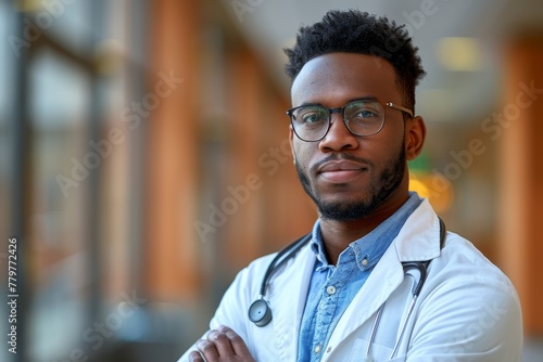 A confident young medical professional in glasses and with stethoscope indoors posing calmly © Larisa AI